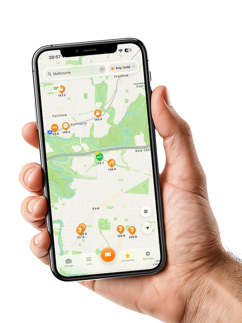 Fuel Daddy app open on a phone, showing live fuel prices near you